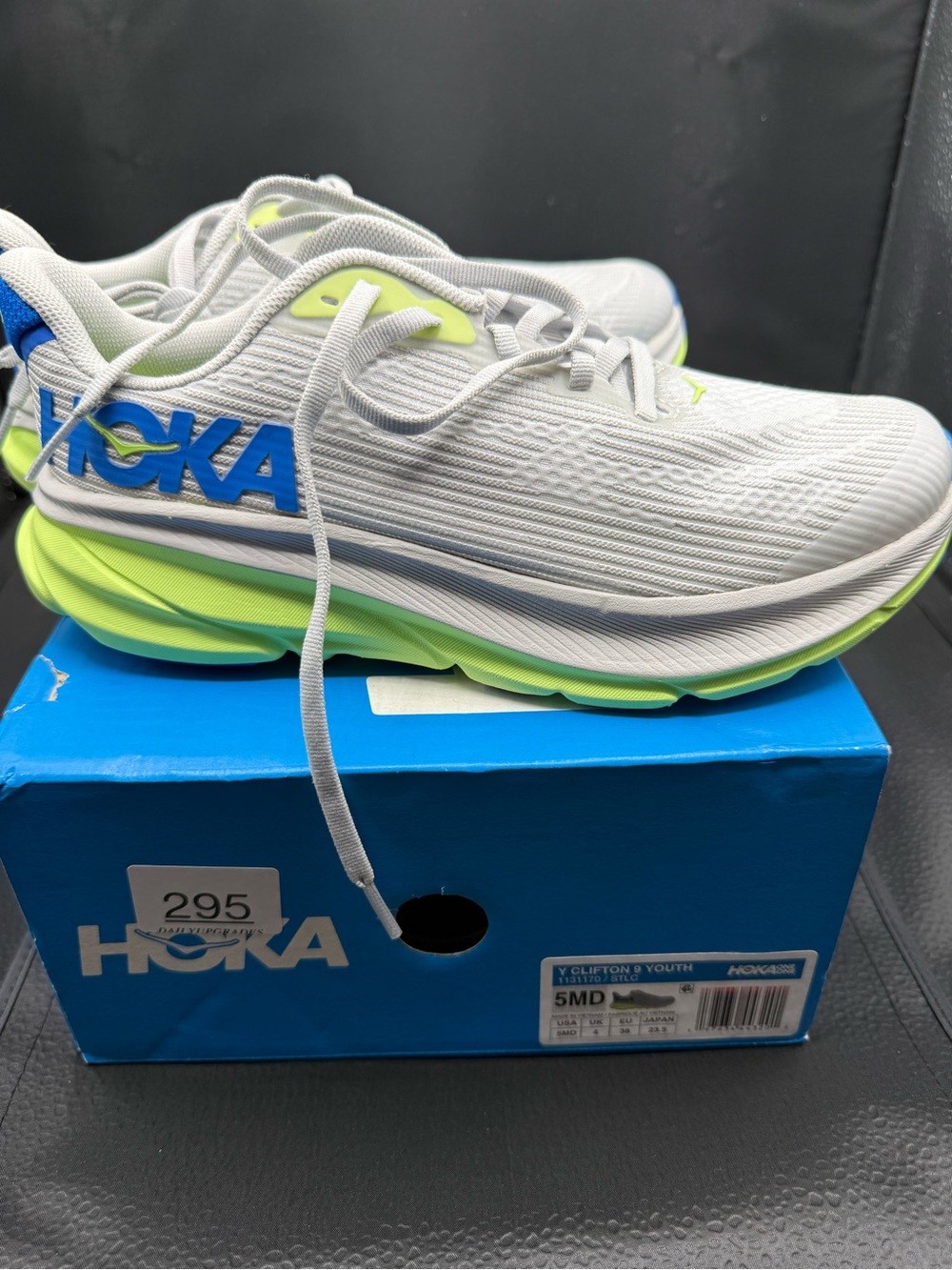 Hoka One One Clifton 9 Youth - Gray with Neon Yellow & Blue Accents